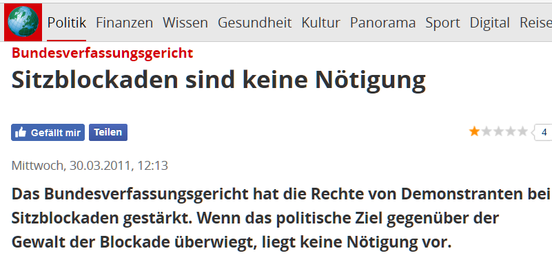 Focus: Bundesverfassungsgericht urteilt "Sitzblockaden sind keine Nötigung"